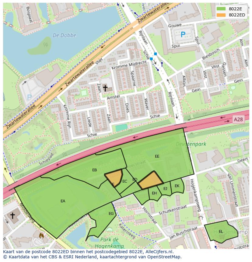 Afbeelding van het postcodegebied 8022 ED op de kaart.