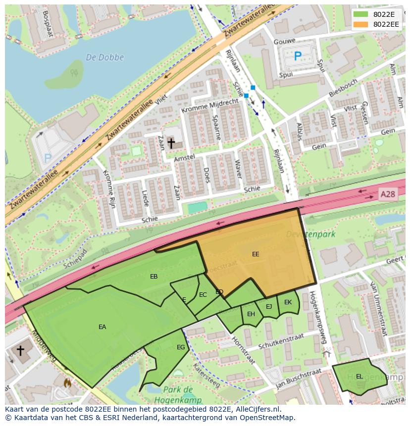 Afbeelding van het postcodegebied 8022 EE op de kaart.