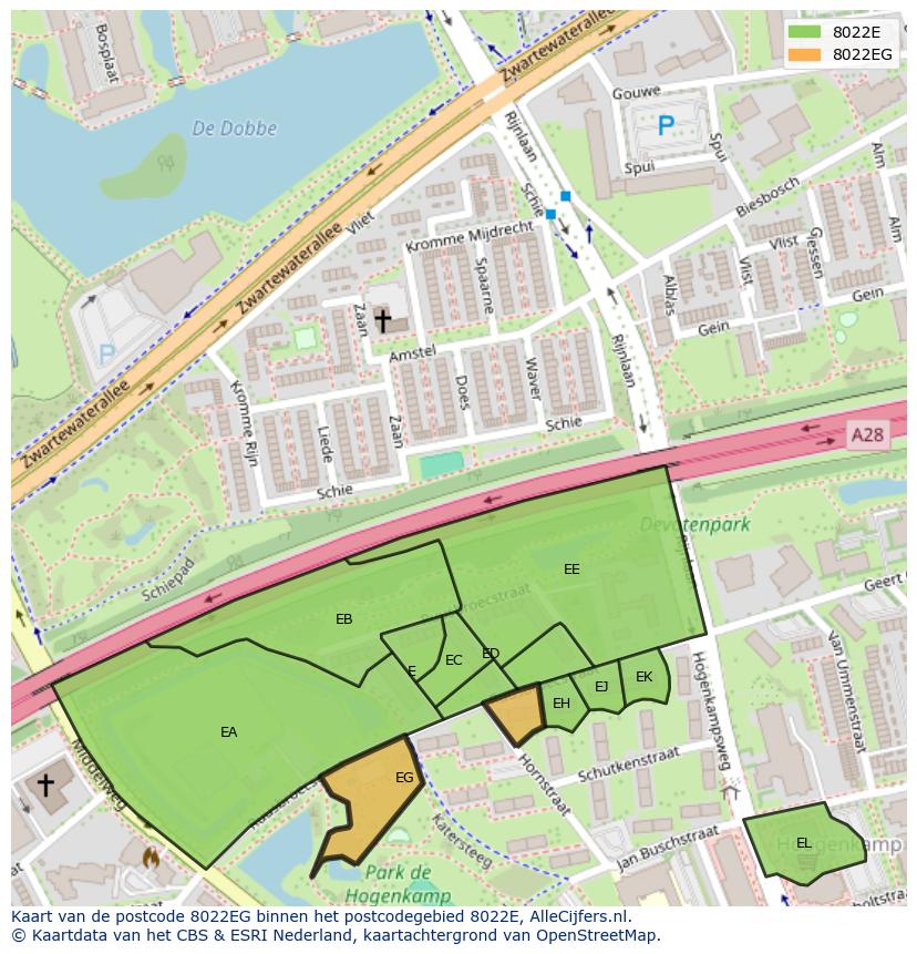 Afbeelding van het postcodegebied 8022 EG op de kaart.