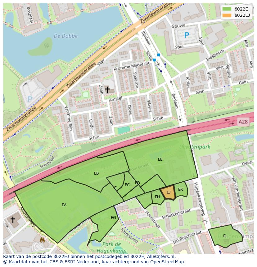 Afbeelding van het postcodegebied 8022 EJ op de kaart.