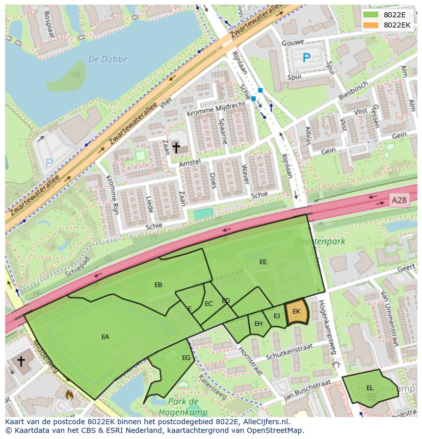 Afbeelding van het postcodegebied 8022 EK op de kaart.