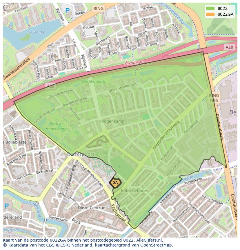 Afbeelding van het postcodegebied 8022 GA op de kaart.