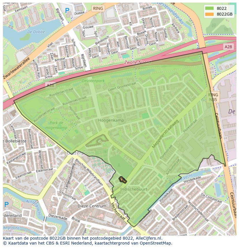 Afbeelding van het postcodegebied 8022 GB op de kaart.