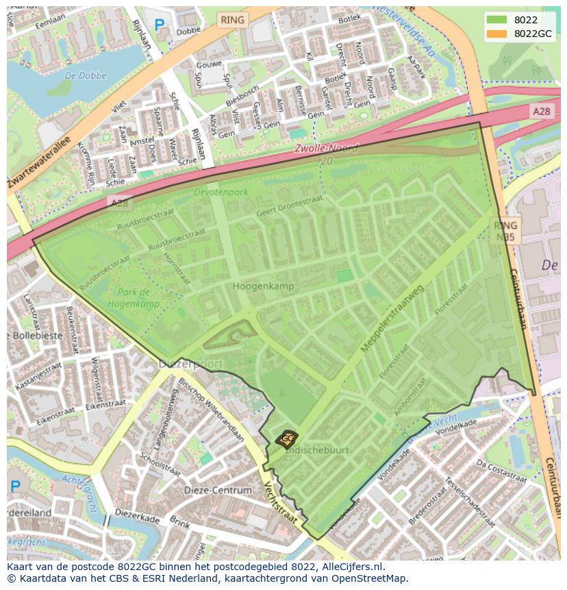 Afbeelding van het postcodegebied 8022 GC op de kaart.