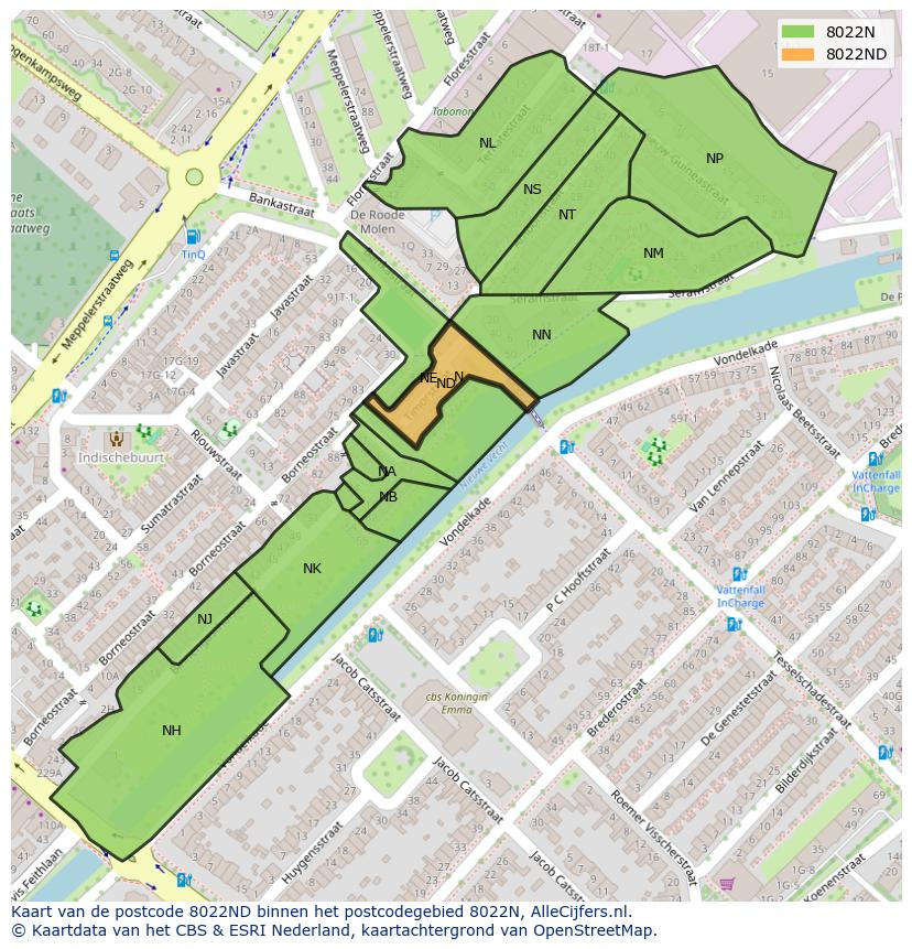 Afbeelding van het postcodegebied 8022 ND op de kaart.