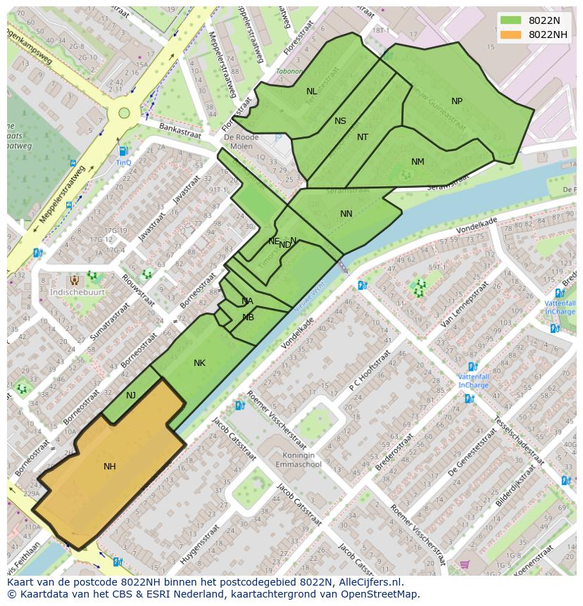 Afbeelding van het postcodegebied 8022 NH op de kaart.