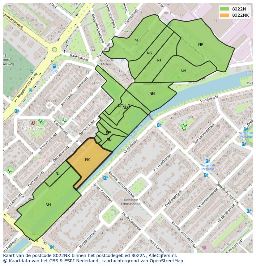 Afbeelding van het postcodegebied 8022 NK op de kaart.