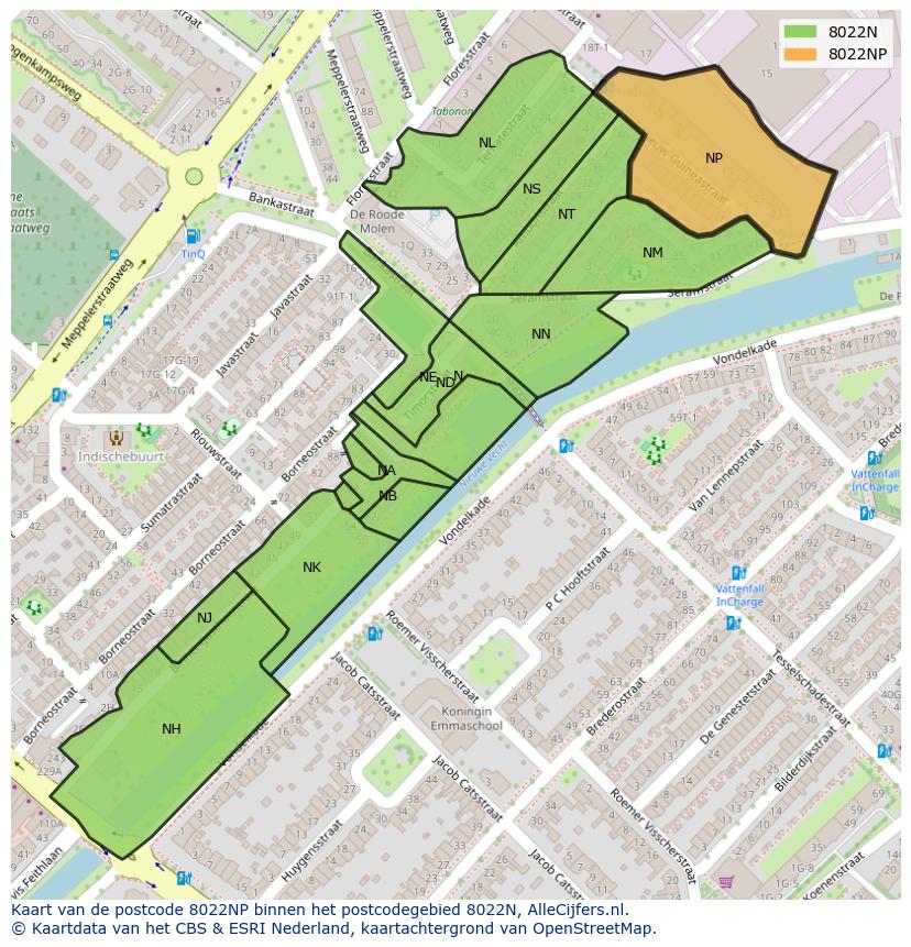 Afbeelding van het postcodegebied 8022 NP op de kaart.