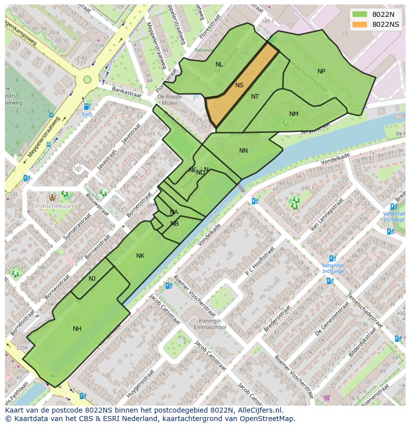 Afbeelding van het postcodegebied 8022 NS op de kaart.