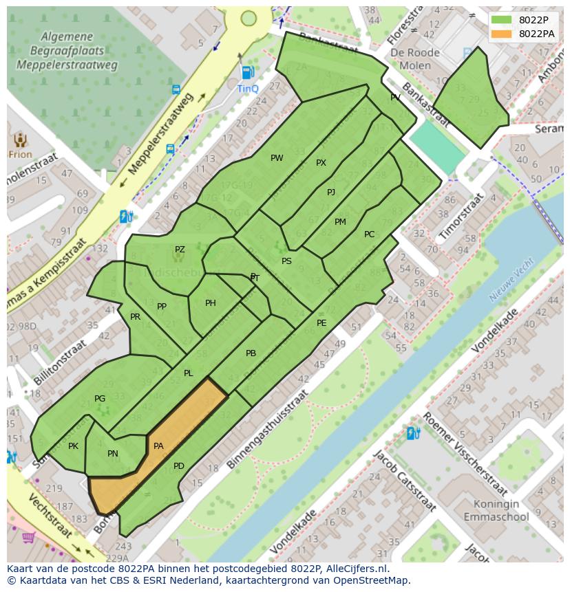 Afbeelding van het postcodegebied 8022 PA op de kaart.