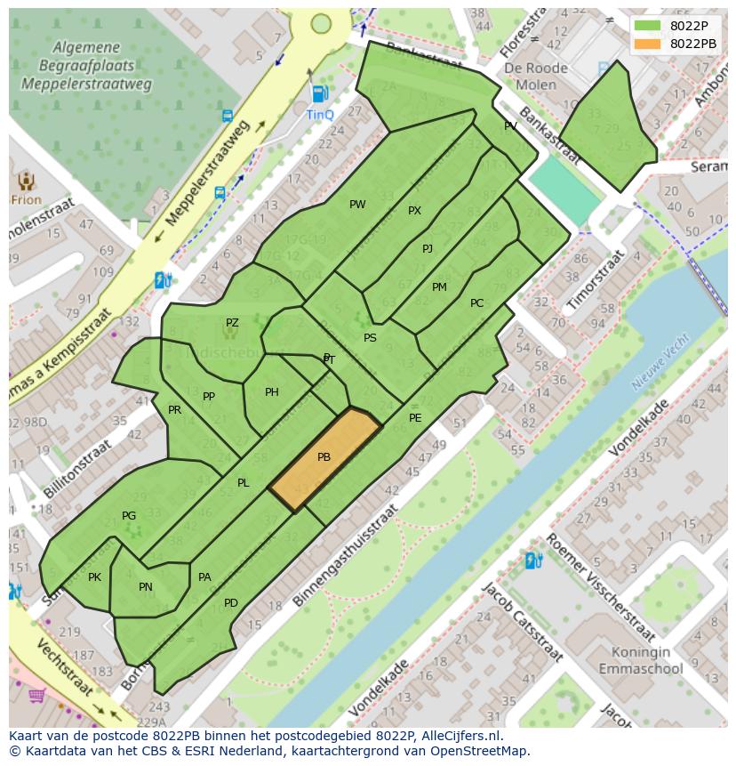Afbeelding van het postcodegebied 8022 PB op de kaart.