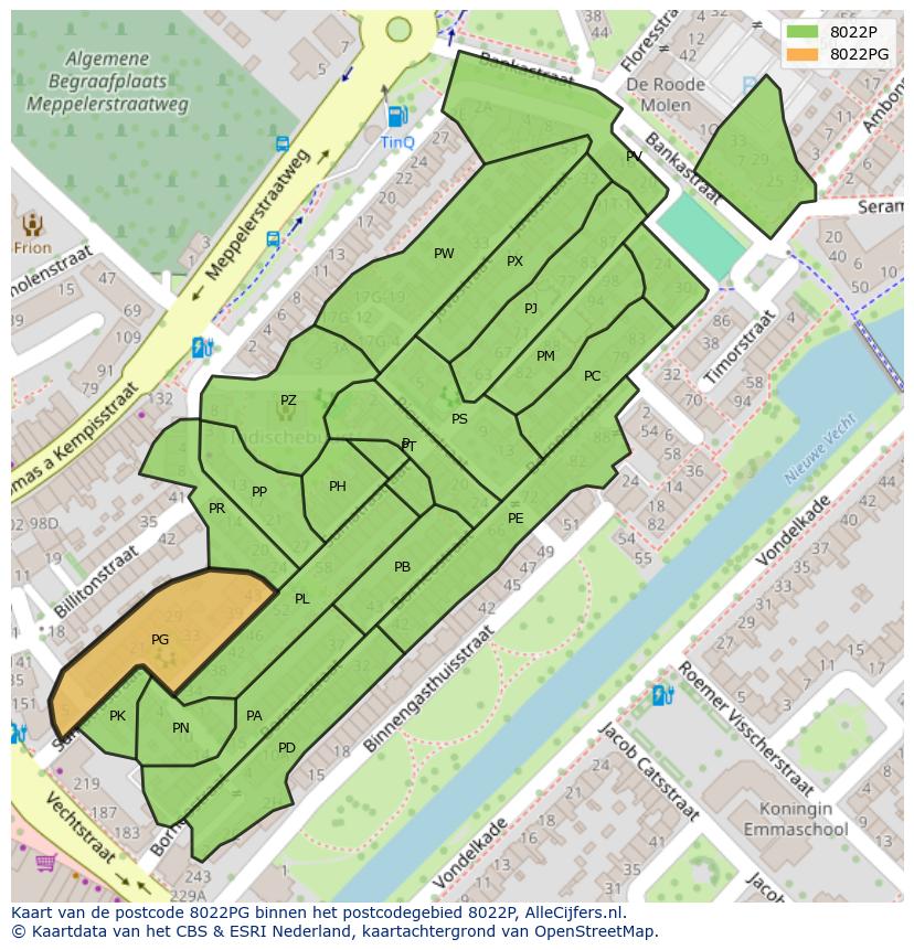 Afbeelding van het postcodegebied 8022 PG op de kaart.