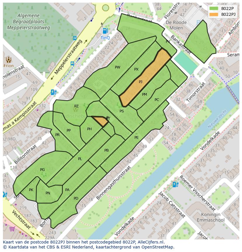 Afbeelding van het postcodegebied 8022 PJ op de kaart.