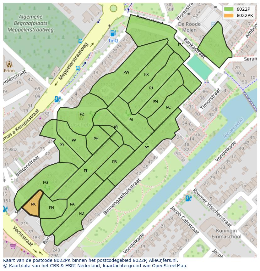 Afbeelding van het postcodegebied 8022 PK op de kaart.