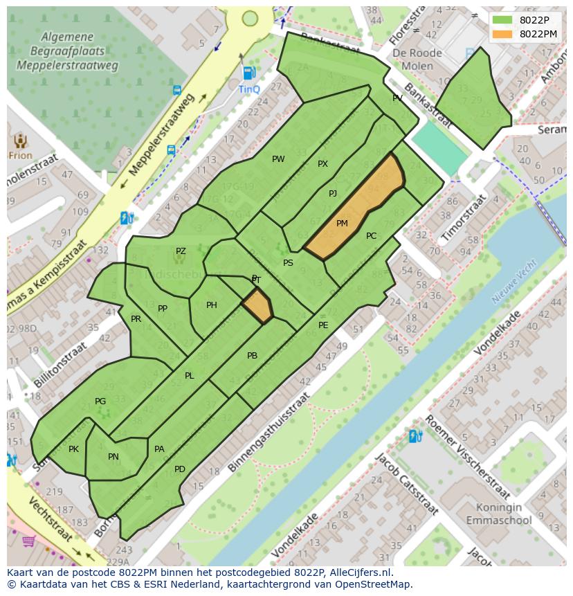 Afbeelding van het postcodegebied 8022 PM op de kaart.