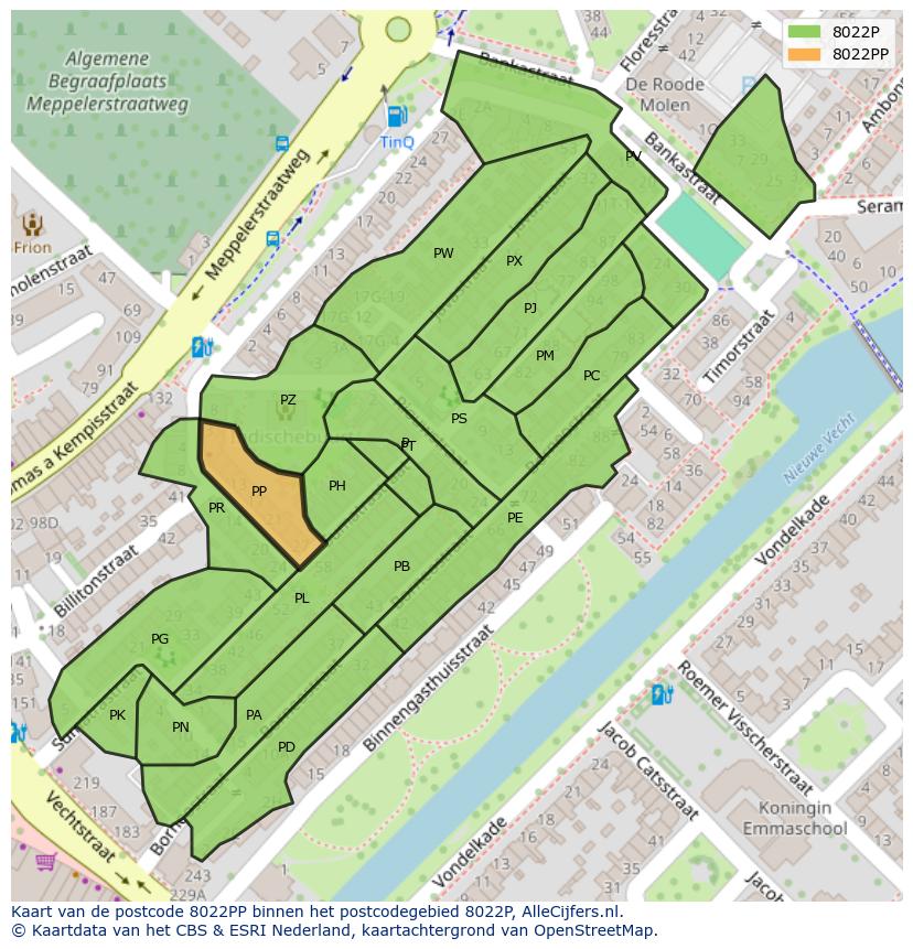 Afbeelding van het postcodegebied 8022 PP op de kaart.