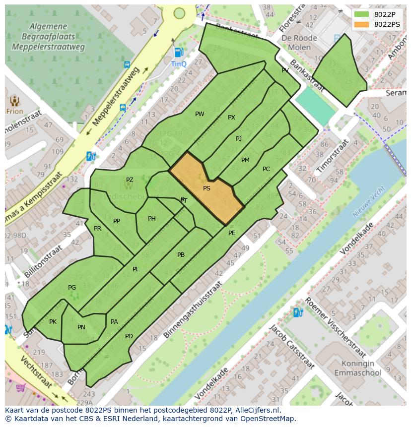 Afbeelding van het postcodegebied 8022 PS op de kaart.