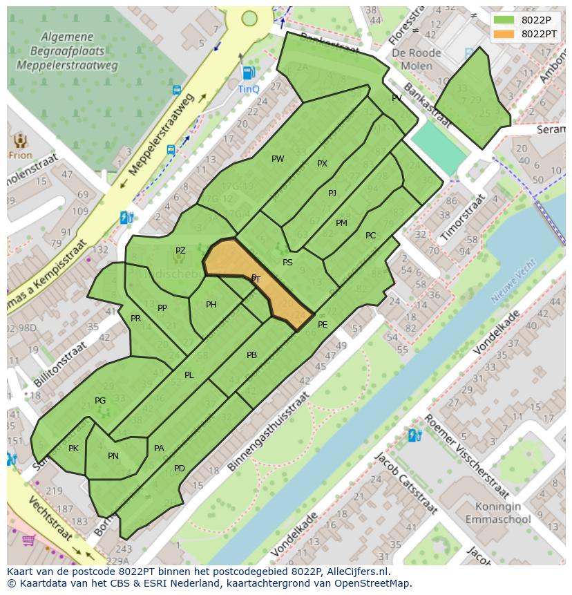 Afbeelding van het postcodegebied 8022 PT op de kaart.