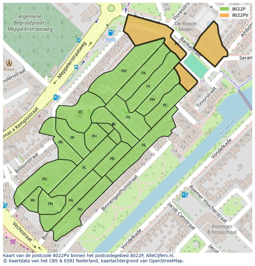 Afbeelding van het postcodegebied 8022 PV op de kaart.