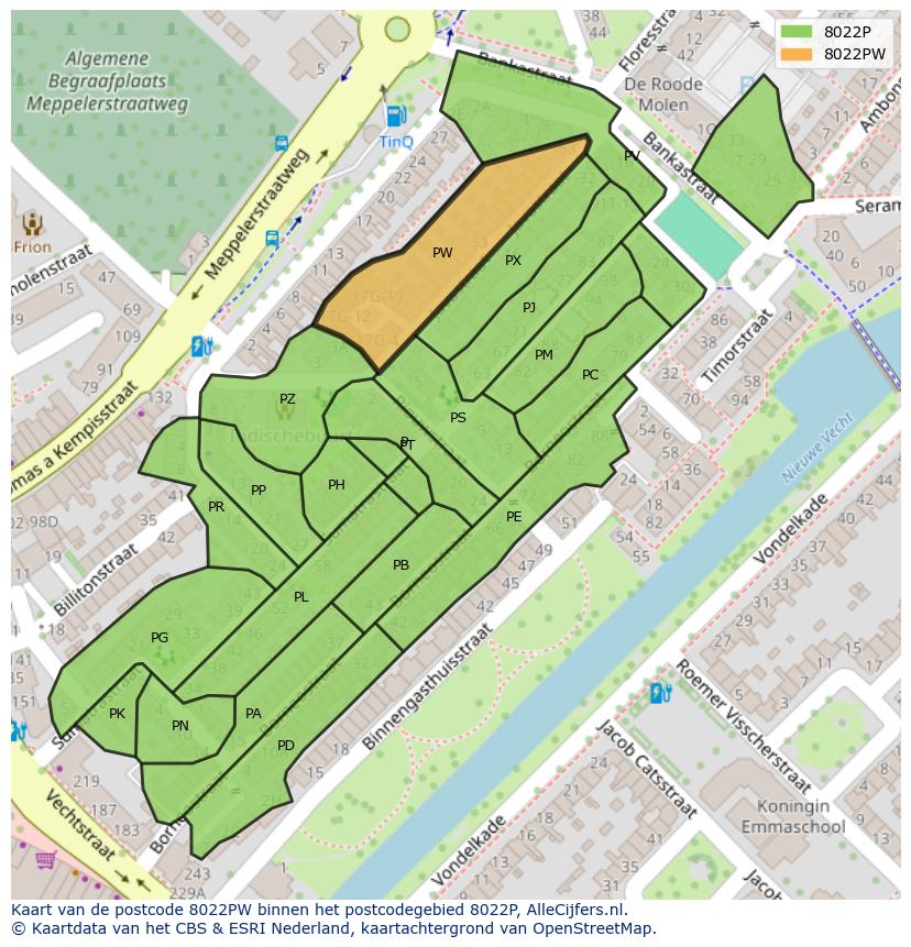 Afbeelding van het postcodegebied 8022 PW op de kaart.