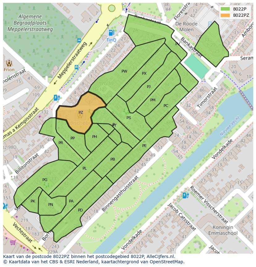 Afbeelding van het postcodegebied 8022 PZ op de kaart.
