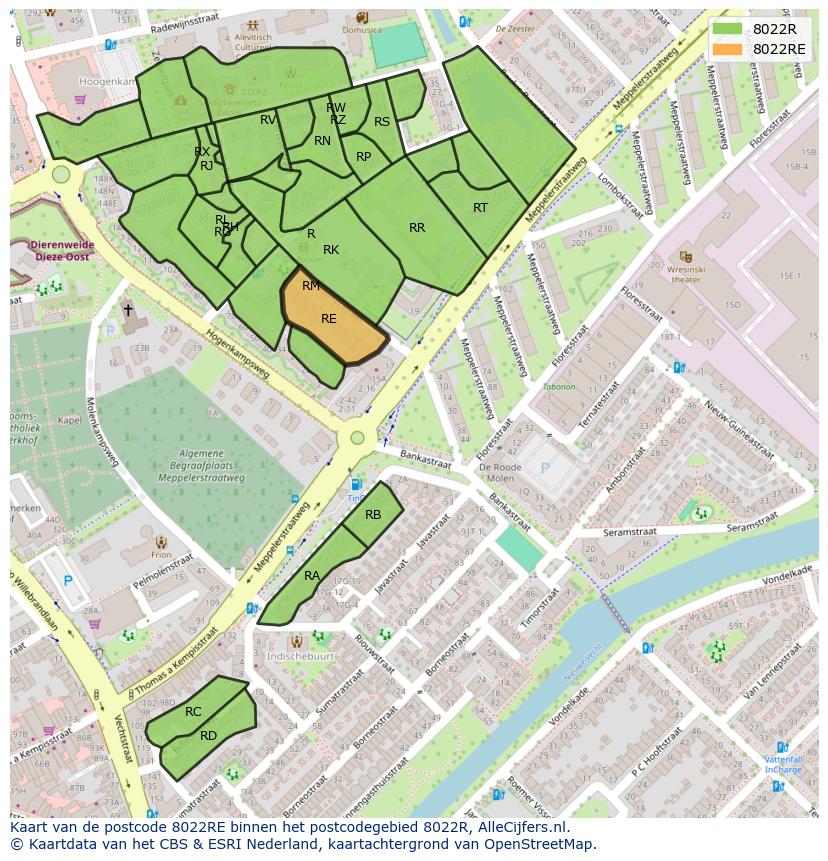 Afbeelding van het postcodegebied 8022 RE op de kaart.