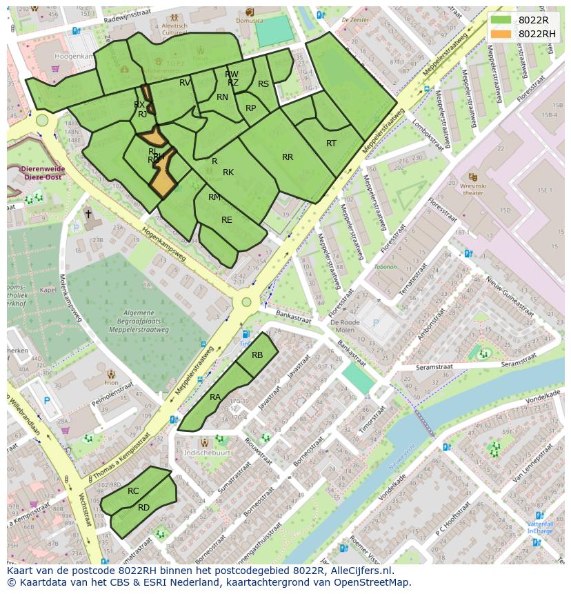 Afbeelding van het postcodegebied 8022 RH op de kaart.