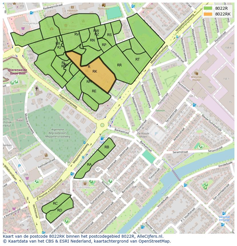 Afbeelding van het postcodegebied 8022 RK op de kaart.