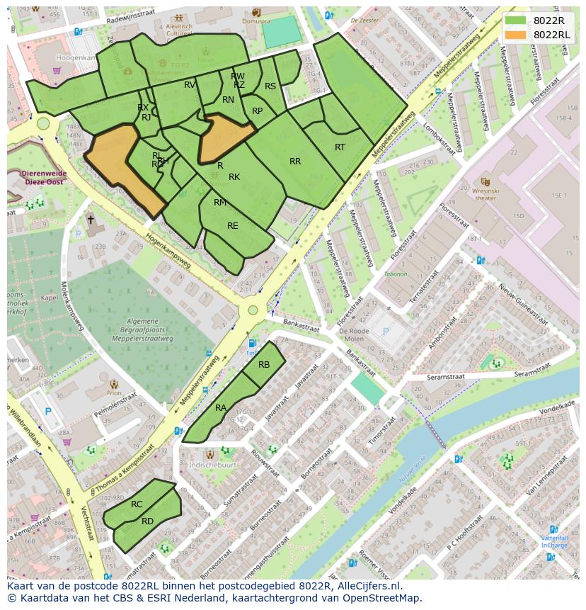 Afbeelding van het postcodegebied 8022 RL op de kaart.