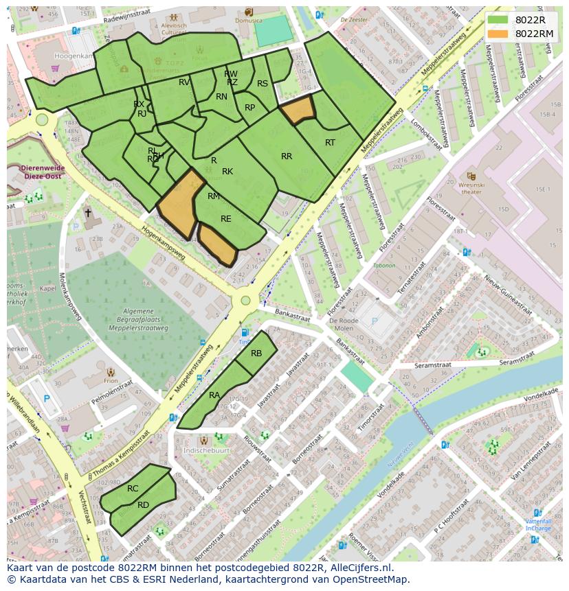 Afbeelding van het postcodegebied 8022 RM op de kaart.