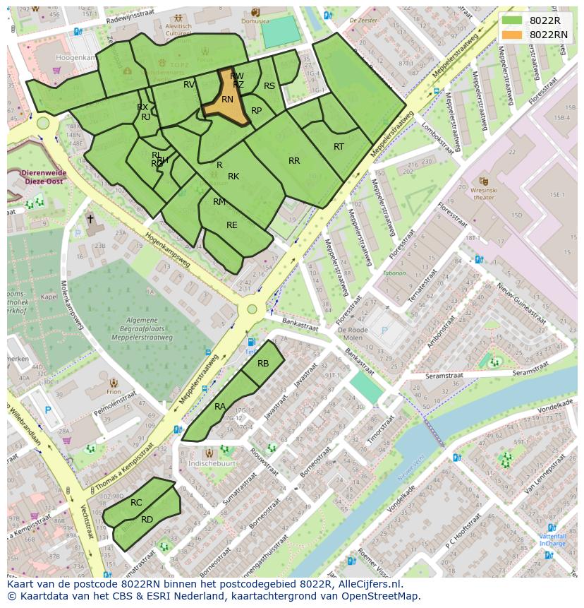 Afbeelding van het postcodegebied 8022 RN op de kaart.