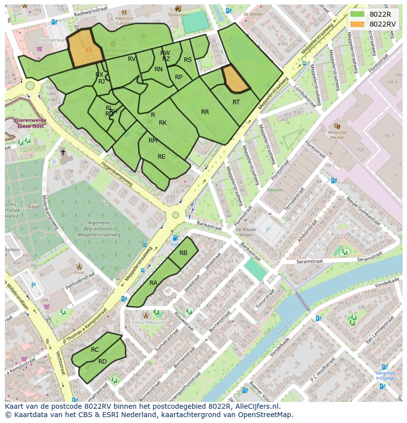 Afbeelding van het postcodegebied 8022 RV op de kaart.