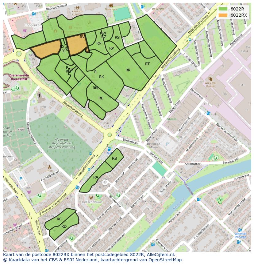 Afbeelding van het postcodegebied 8022 RX op de kaart.