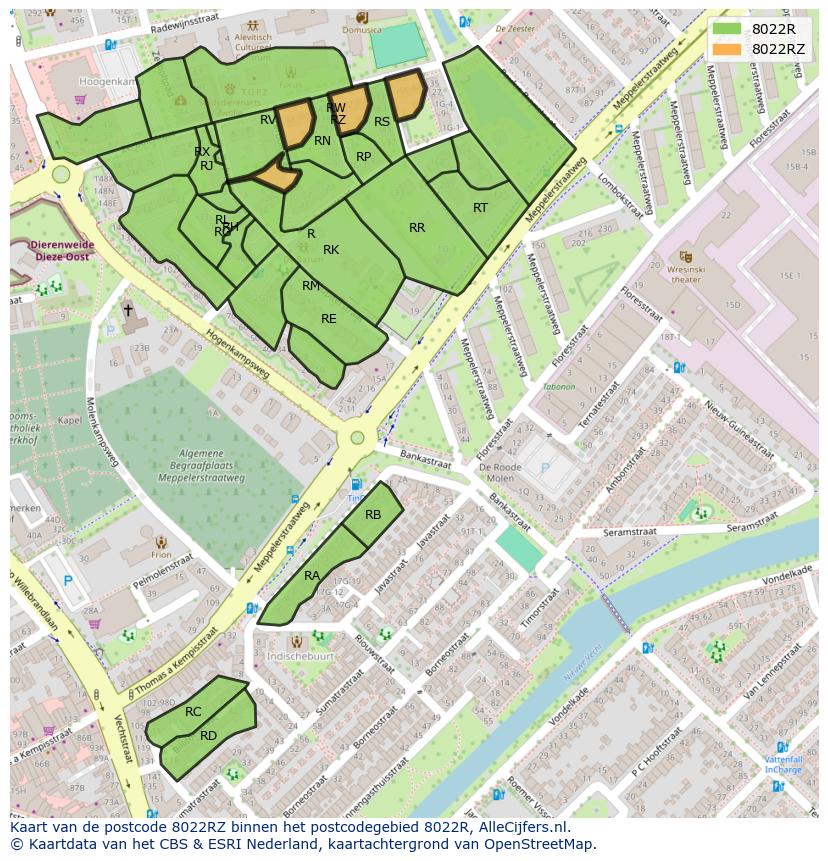 Afbeelding van het postcodegebied 8022 RZ op de kaart.