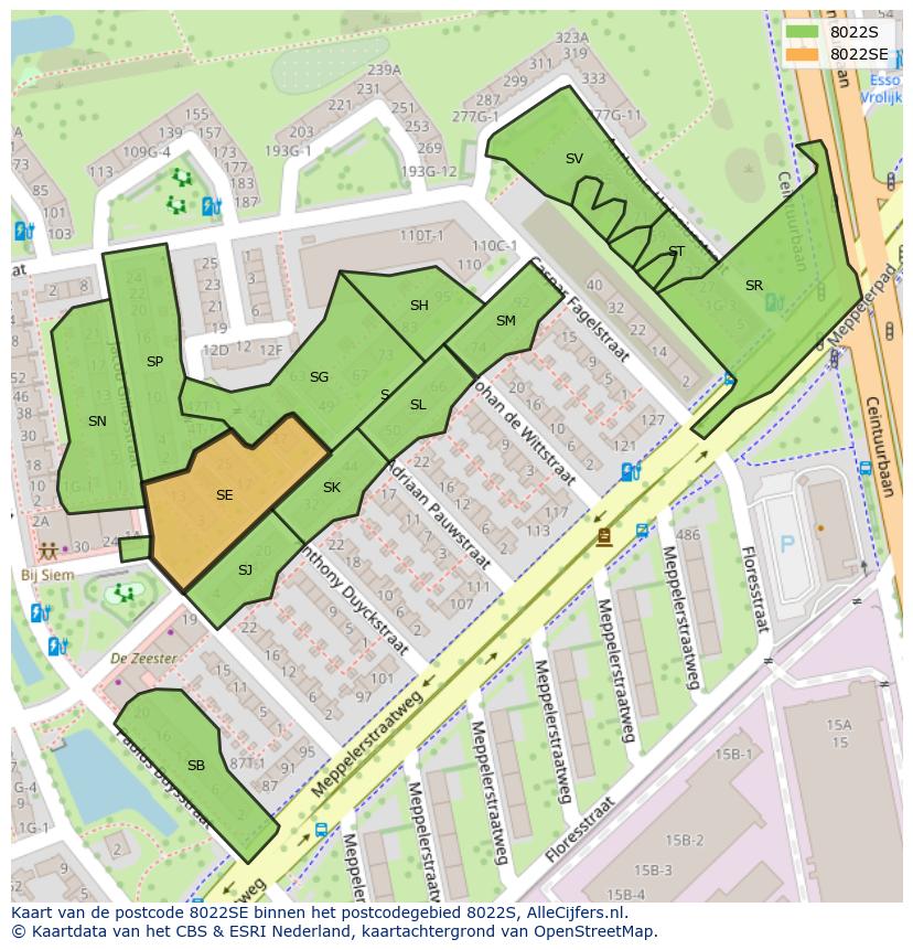 Afbeelding van het postcodegebied 8022 SE op de kaart.