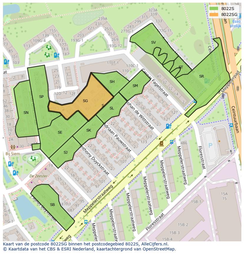 Afbeelding van het postcodegebied 8022 SG op de kaart.