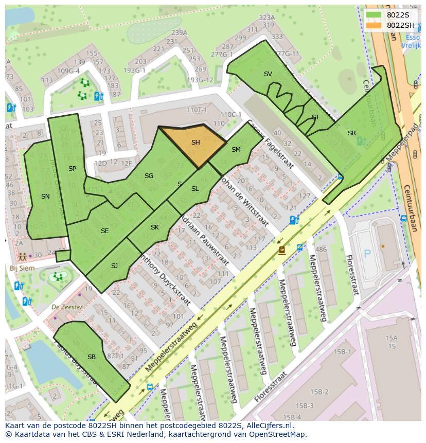 Afbeelding van het postcodegebied 8022 SH op de kaart.