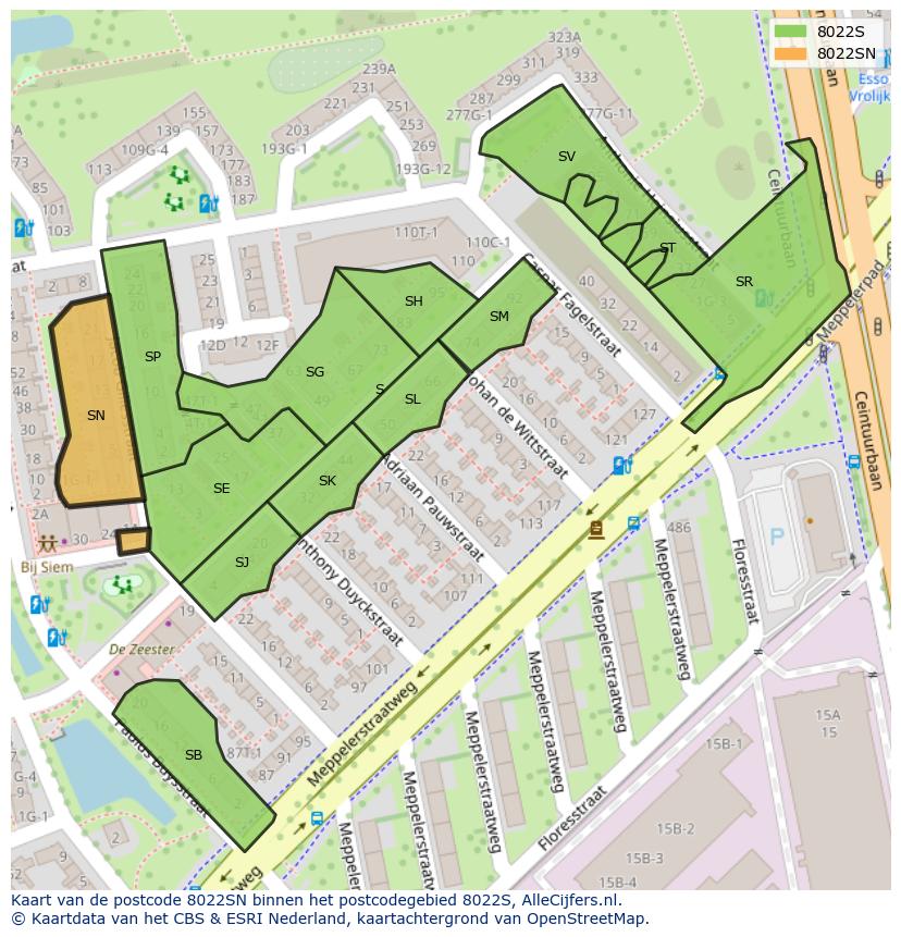 Afbeelding van het postcodegebied 8022 SN op de kaart.