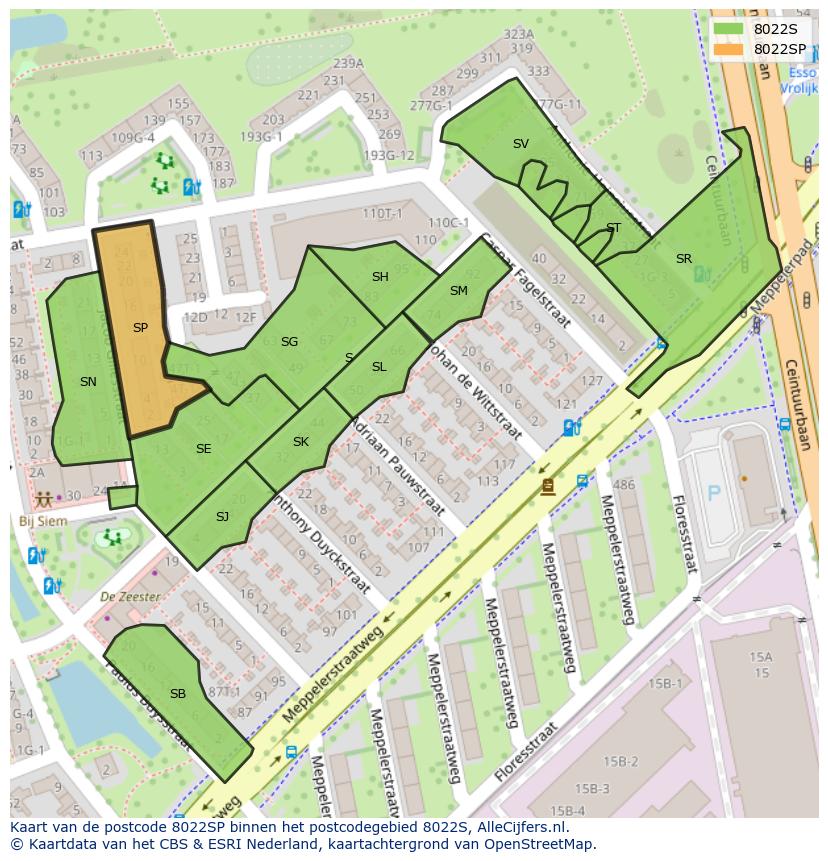 Afbeelding van het postcodegebied 8022 SP op de kaart.
