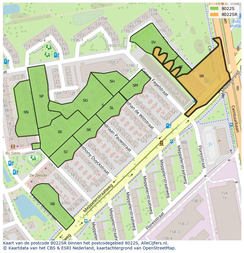 Afbeelding van het postcodegebied 8022 SR op de kaart.