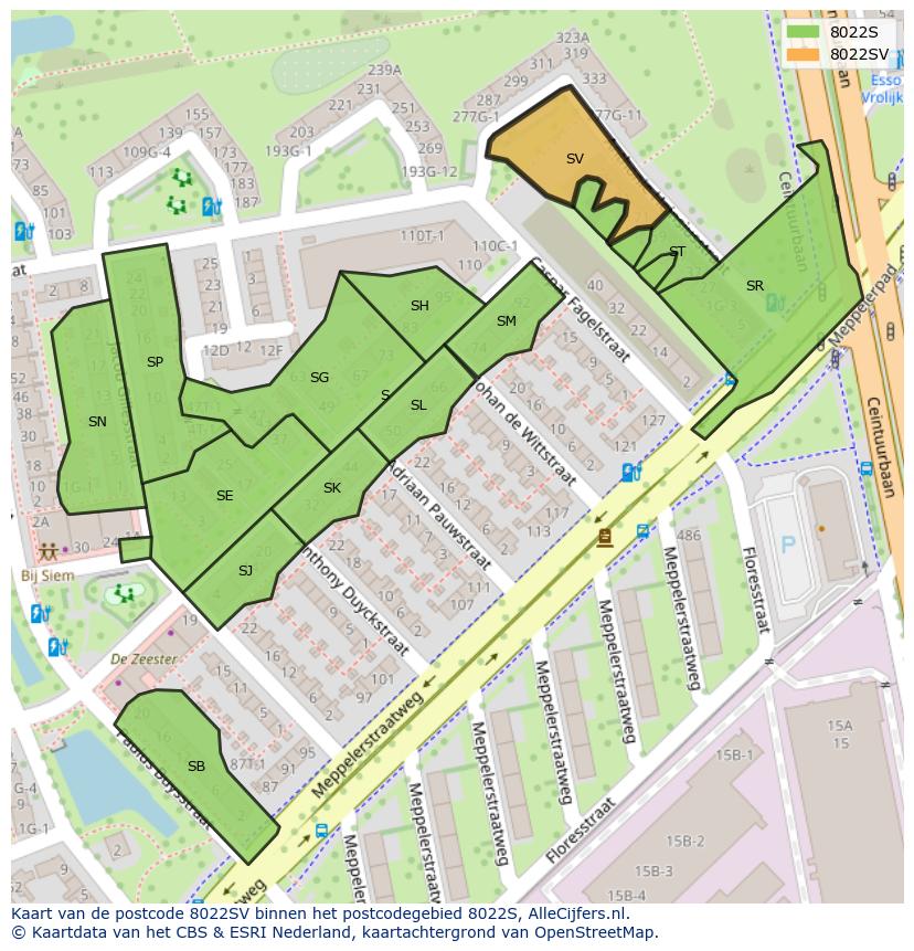 Afbeelding van het postcodegebied 8022 SV op de kaart.