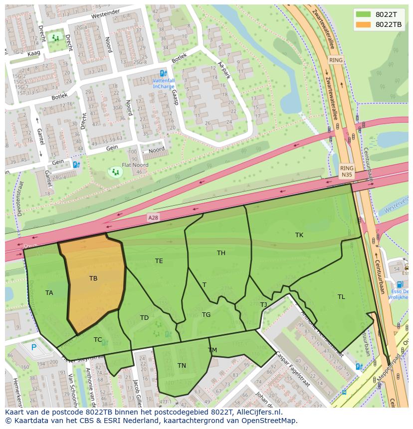 Afbeelding van het postcodegebied 8022 TB op de kaart.