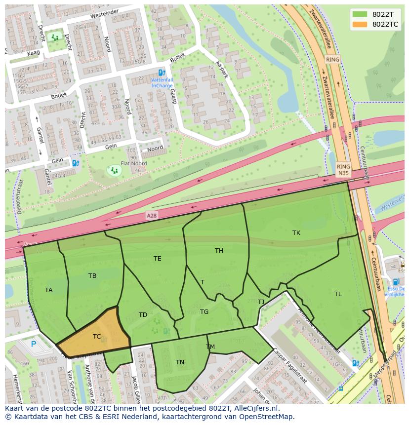 Afbeelding van het postcodegebied 8022 TC op de kaart.