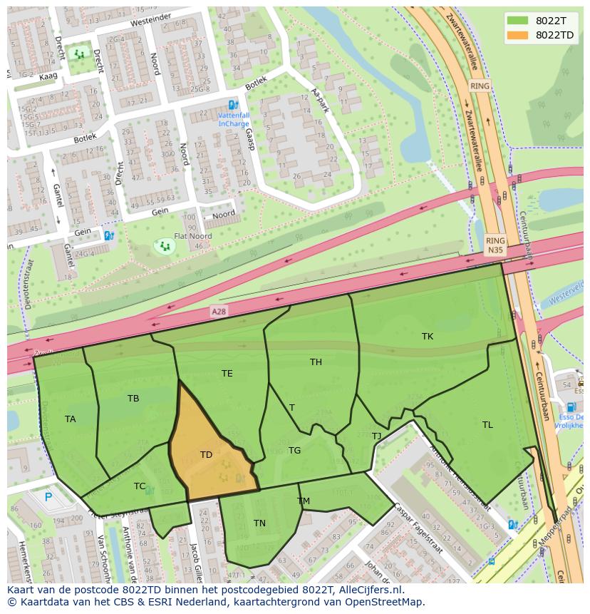 Afbeelding van het postcodegebied 8022 TD op de kaart.