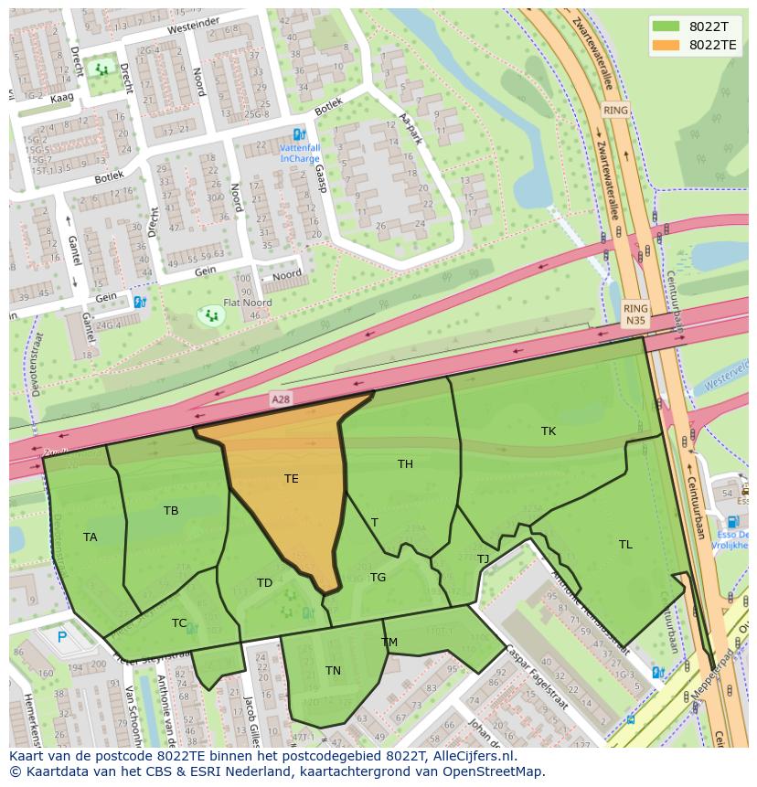Afbeelding van het postcodegebied 8022 TE op de kaart.
