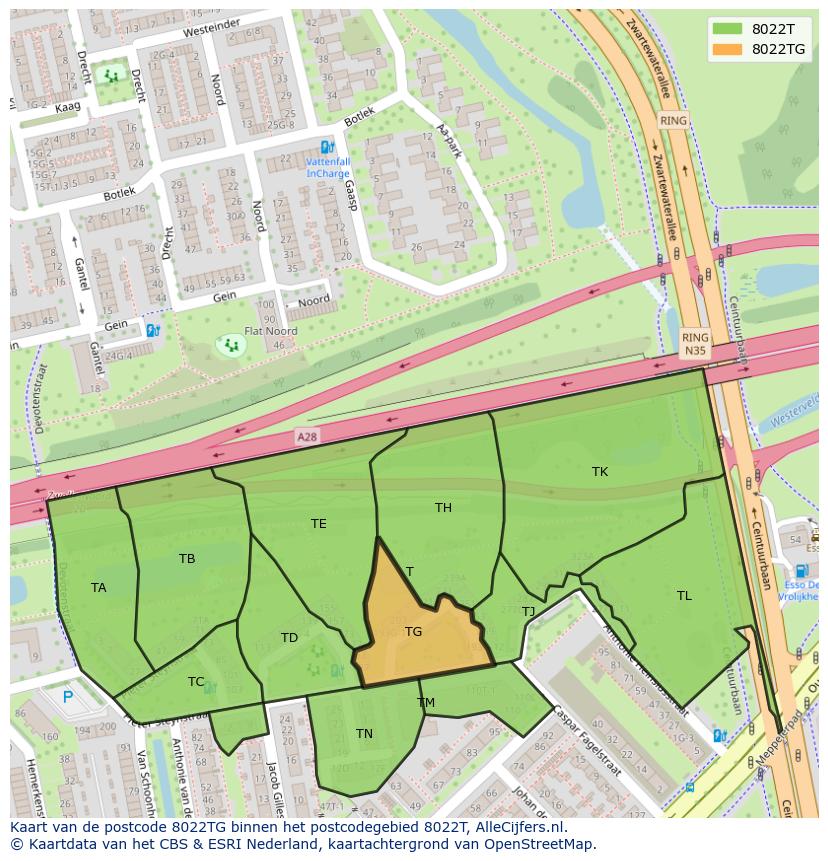 Afbeelding van het postcodegebied 8022 TG op de kaart.