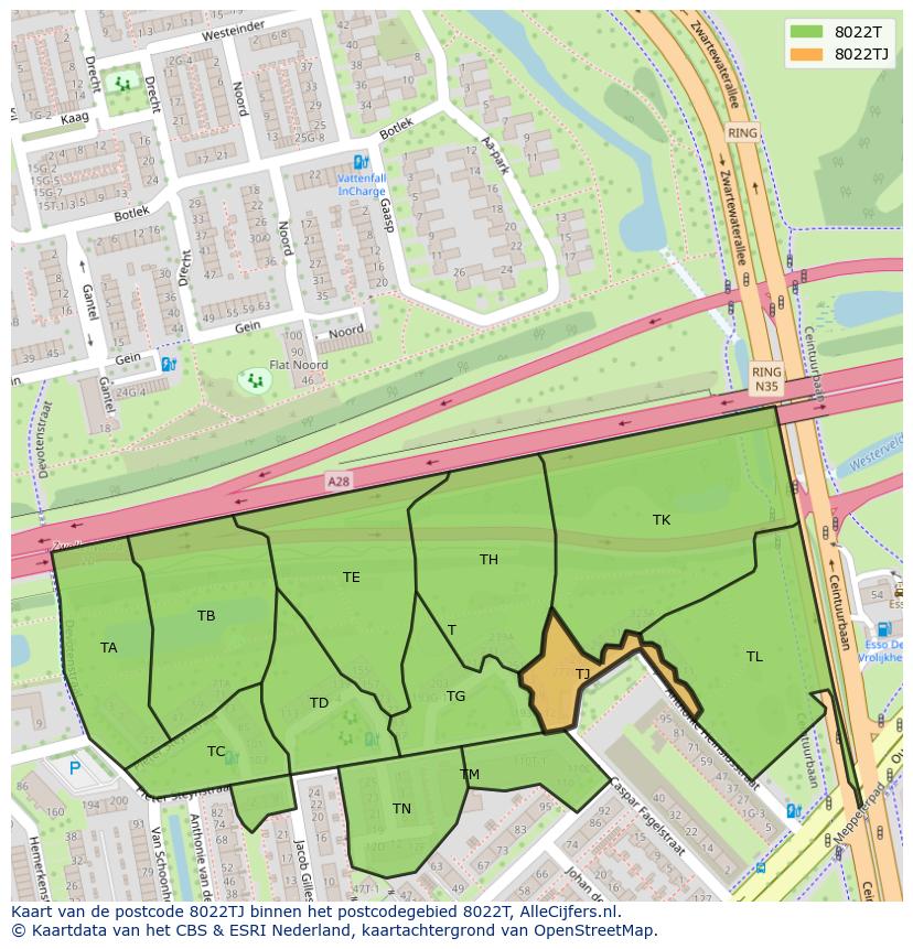 Afbeelding van het postcodegebied 8022 TJ op de kaart.
