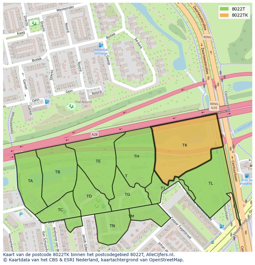 Afbeelding van het postcodegebied 8022 TK op de kaart.