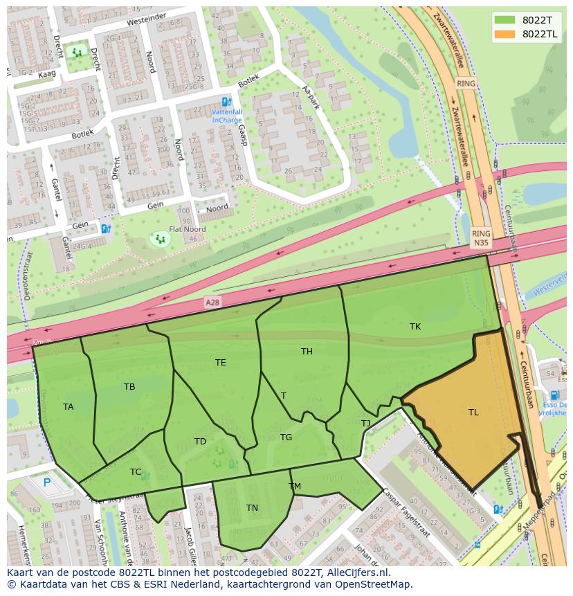Afbeelding van het postcodegebied 8022 TL op de kaart.