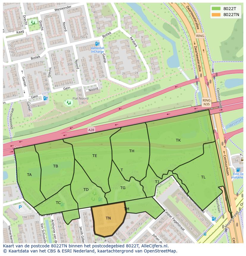 Afbeelding van het postcodegebied 8022 TN op de kaart.